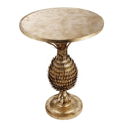 27 Inch Accent Side Table, Turned Pineapple Motif Design, Round Top, Gold