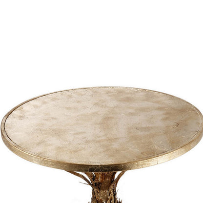 27 Inch Accent Side Table, Turned Pineapple Motif Design, Round Top, Gold