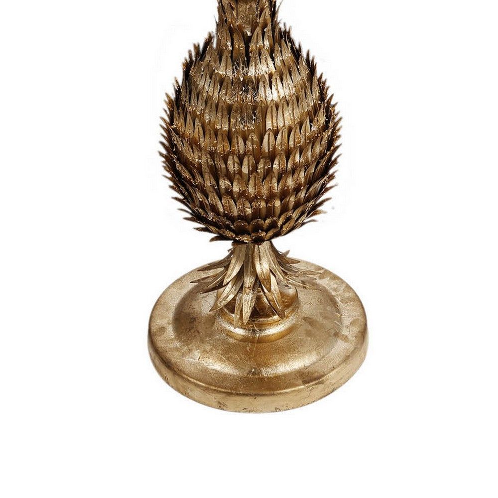 27 Inch Accent Side Table, Turned Pineapple Motif Design, Round Top, Gold