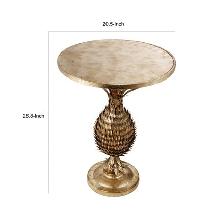 27 Inch Accent Side Table, Turned Pineapple Motif Design, Round Top, Gold
