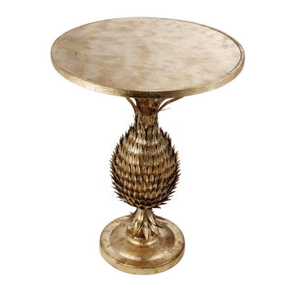 27 Inch Accent Side Table, Turned Pineapple Motif Design, Round Top, Gold