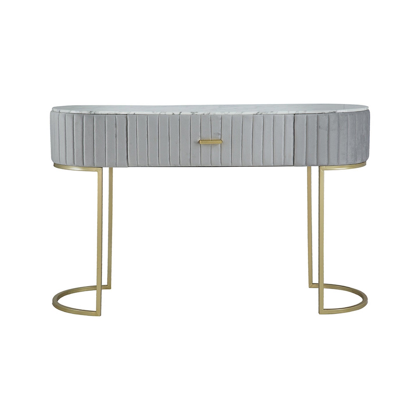 Jeah 47 Inch Console Table, 1 Drawer, Curved Gold Iron Base, Gray Fabric