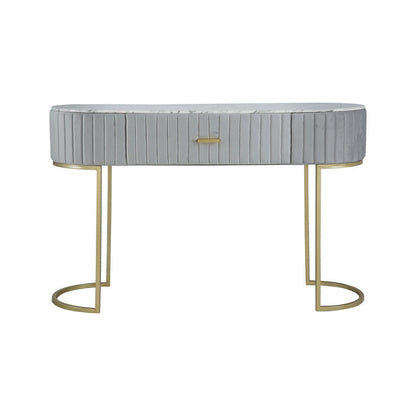 Jeah 47 Inch Console Table, 1 Drawer, Curved Gold Iron Base, Gray Fabric