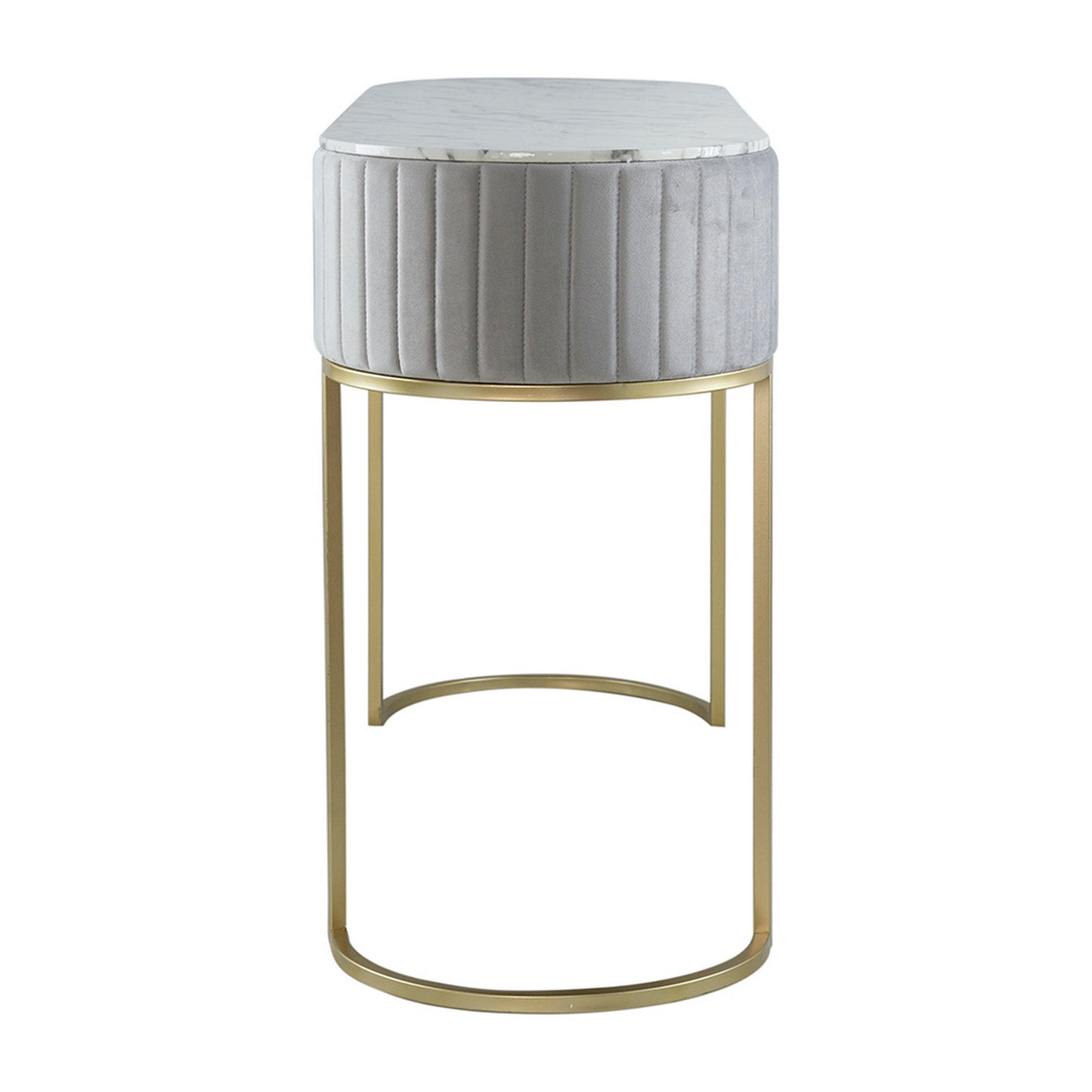 Jeah 47 Inch Console Table, 1 Drawer, Curved Gold Iron Base, Gray Fabric