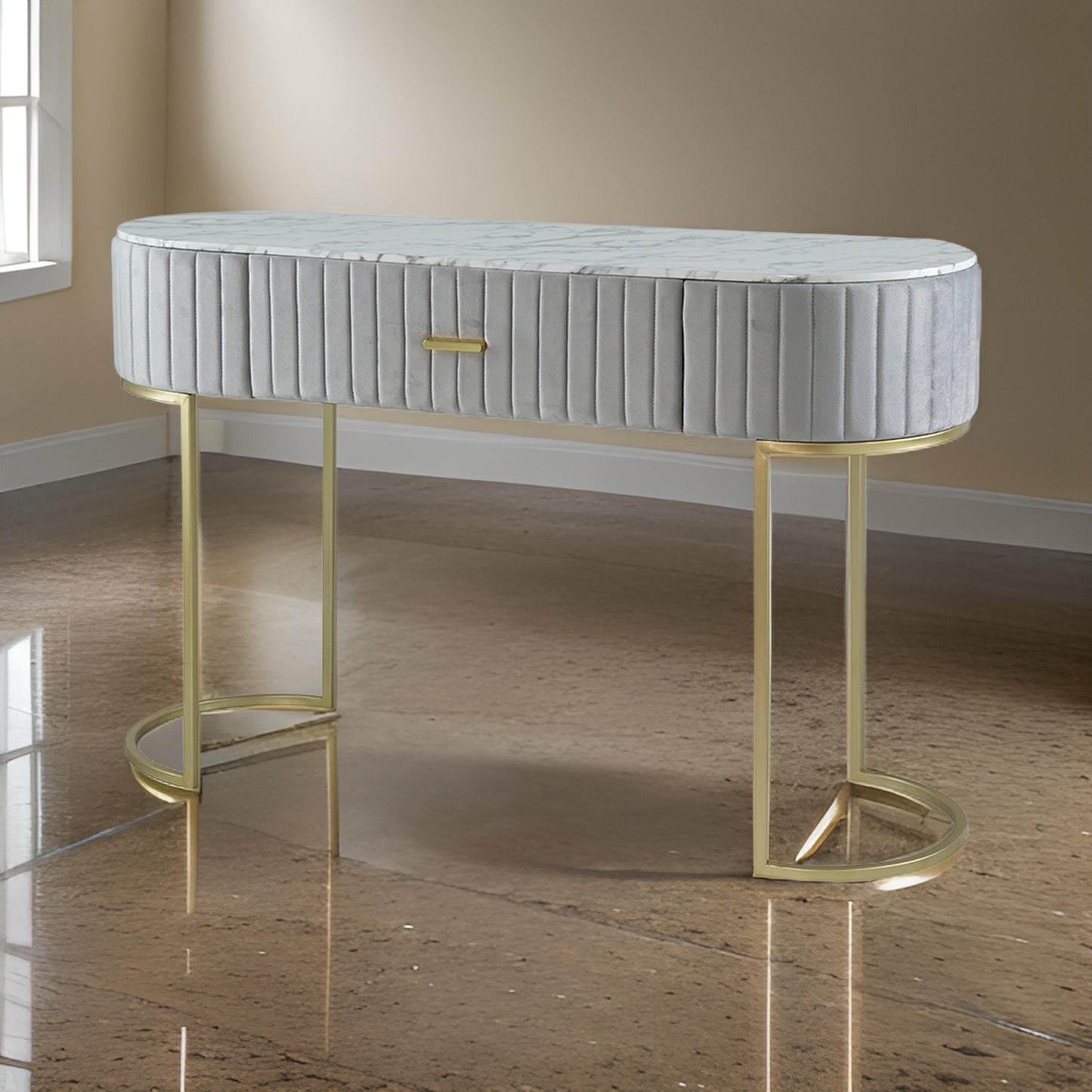 Jeah 47 Inch Console Table, 1 Drawer, Curved Gold Iron Base, Gray Fabric