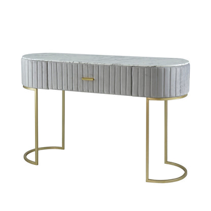 Jeah 47 Inch Console Table, 1 Drawer, Curved Gold Iron Base, Gray Fabric
