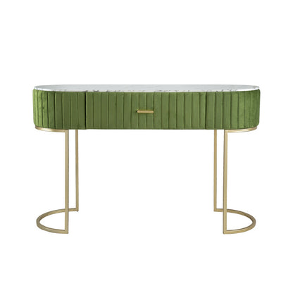 Jeah 47 Inch Console Table, 1 Drawer, Curved Gold Iron Base, Green Fabric