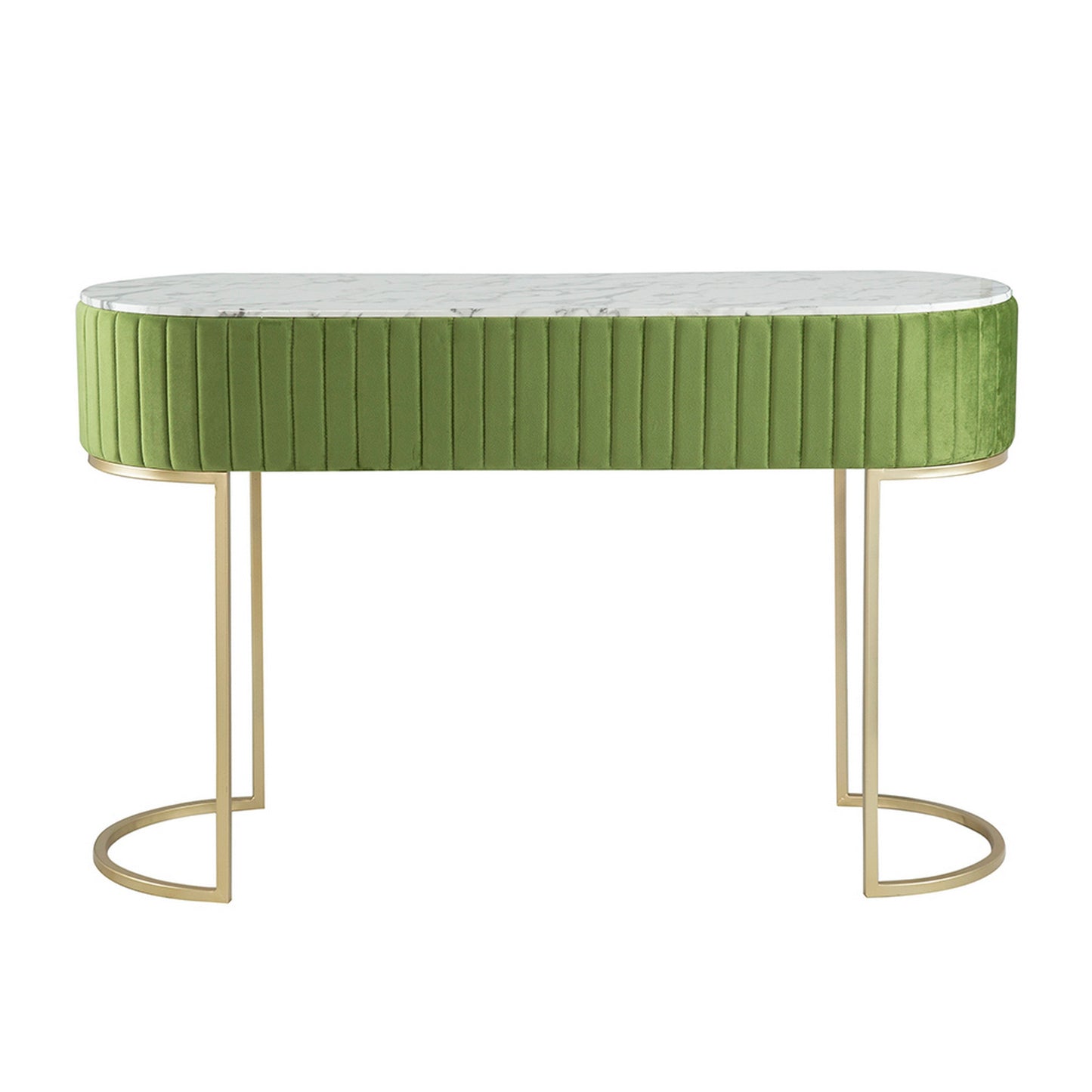 Jeah 47 Inch Console Table, 1 Drawer, Curved Gold Iron Base, Green Fabric