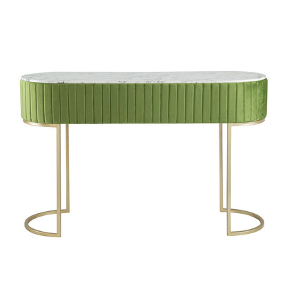 Jeah 47 Inch Console Table, 1 Drawer, Curved Gold Iron Base, Green Fabric