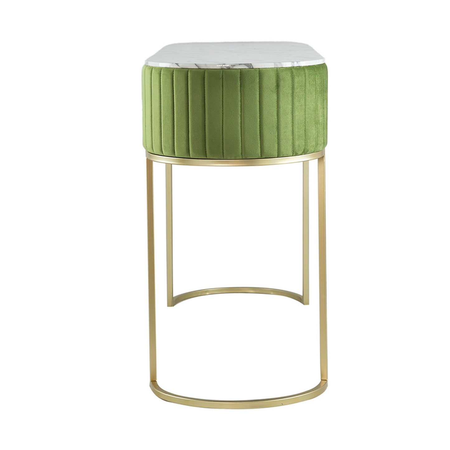 Jeah 47 Inch Console Table, 1 Drawer, Curved Gold Iron Base, Green Fabric
