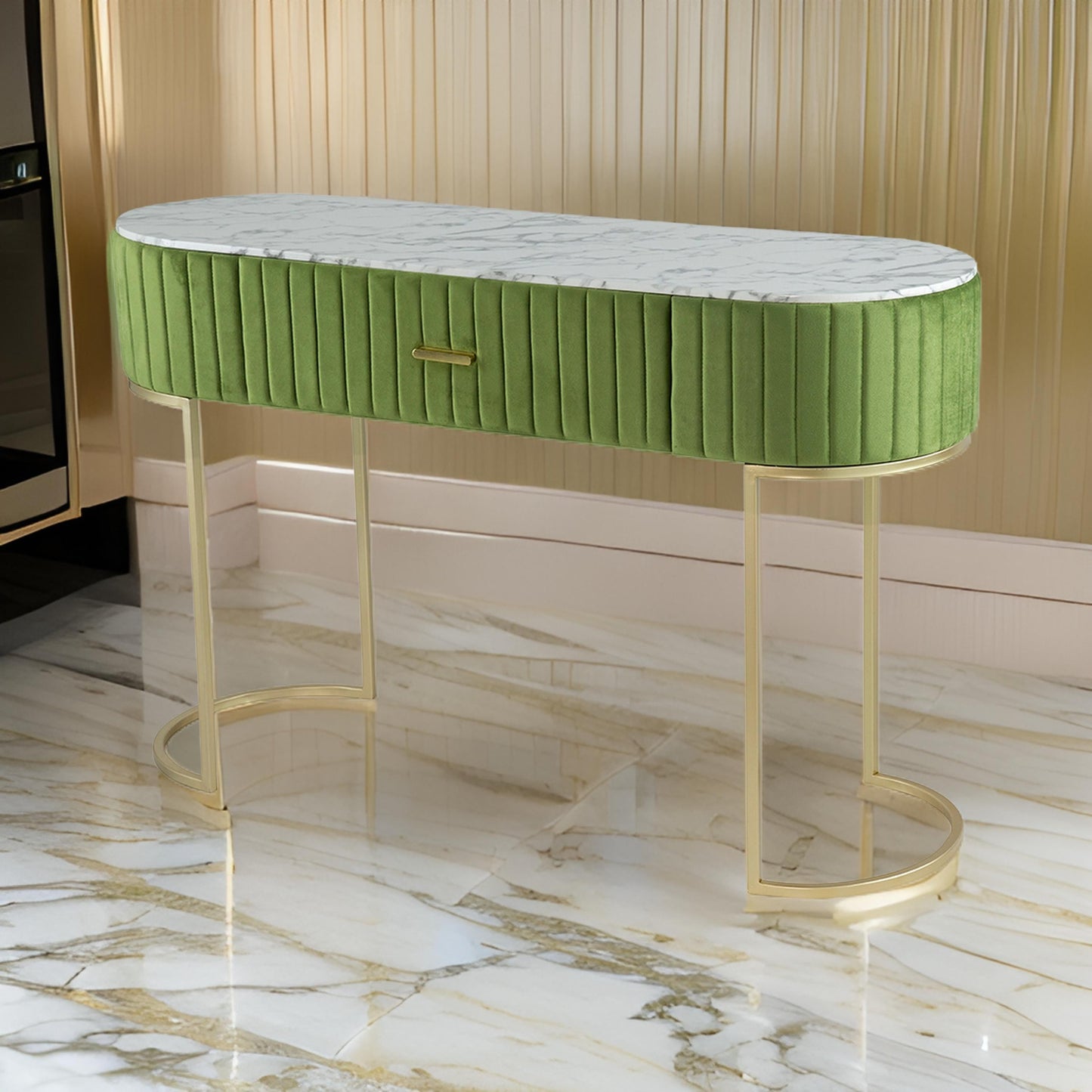 Jeah 47 Inch Console Table, 1 Drawer, Curved Gold Iron Base, Green Fabric
