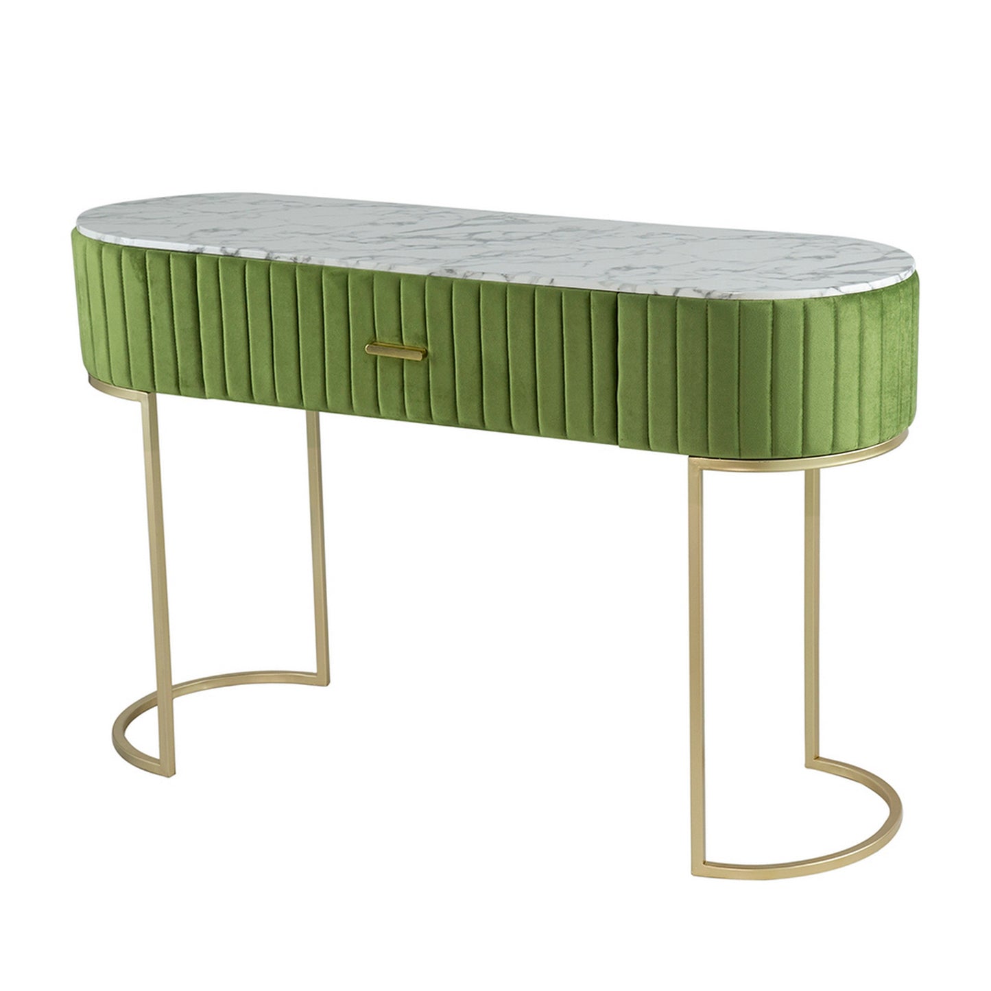 Jeah 47 Inch Console Table, 1 Drawer, Curved Gold Iron Base, Green Fabric