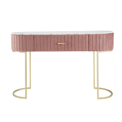 Jeah 47 Inch Console Table, 1 Drawer, Curved Gold Iron Base, Pink Fabric