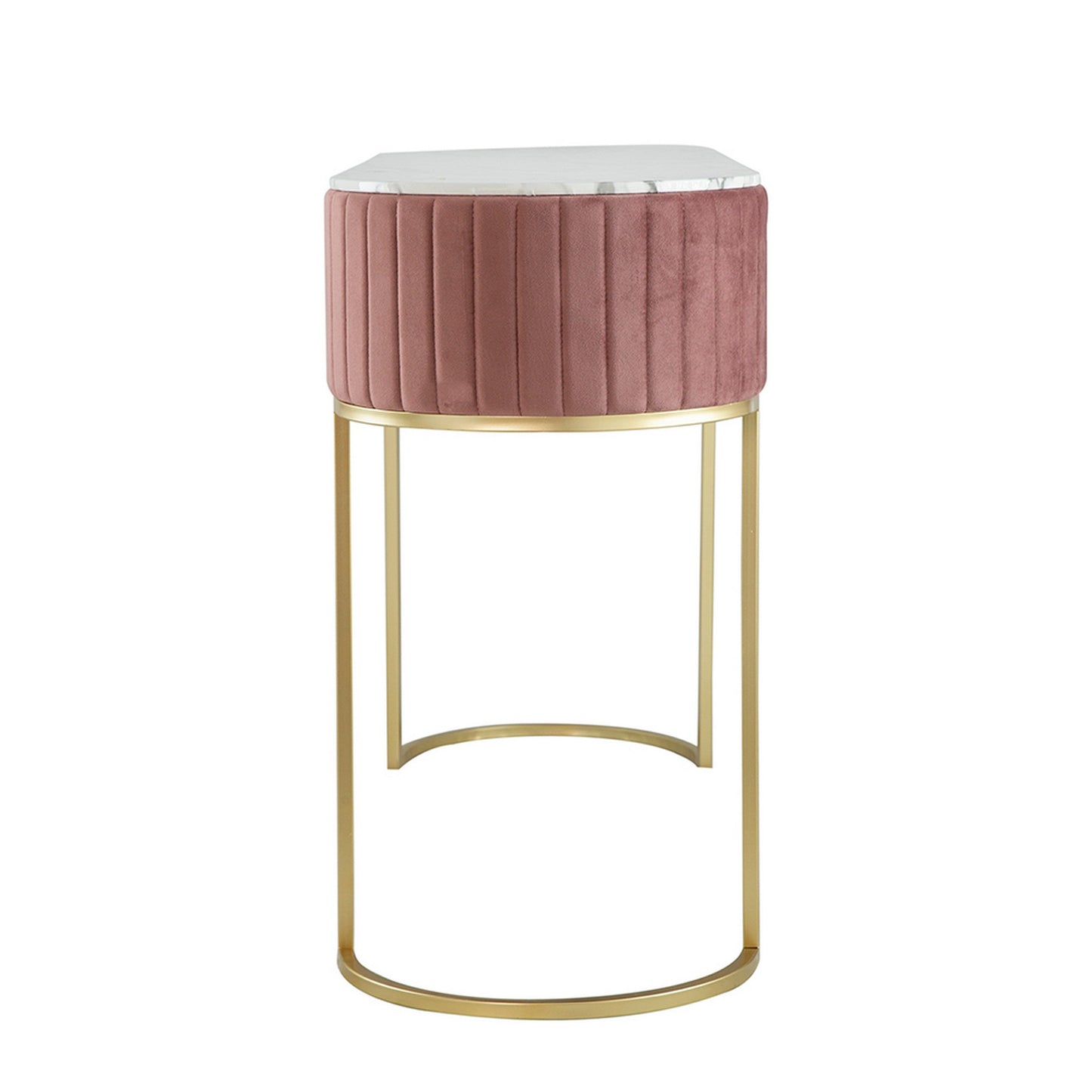 Jeah 47 Inch Console Table, 1 Drawer, Curved Gold Iron Base, Pink Fabric