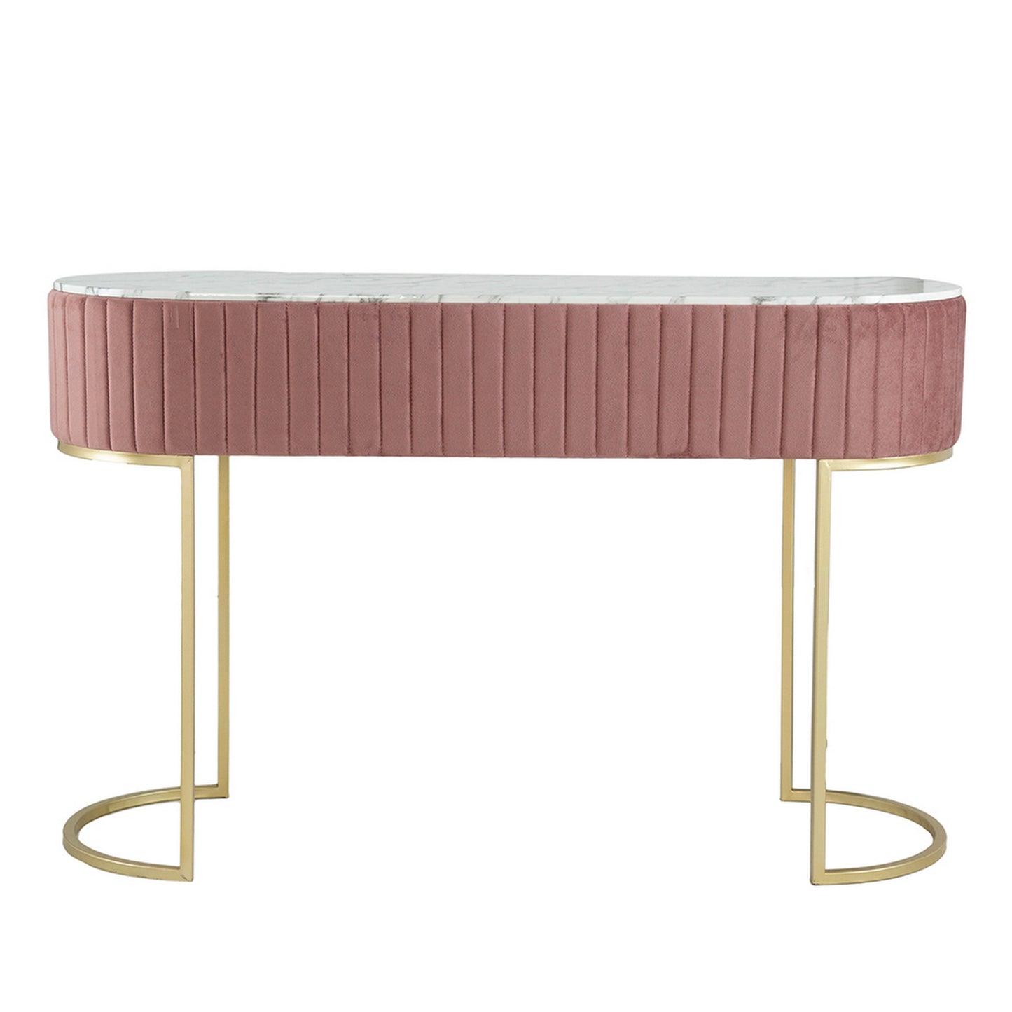 Jeah 47 Inch Console Table, 1 Drawer, Curved Gold Iron Base, Pink Fabric