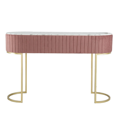 Jeah 47 Inch Console Table, 1 Drawer, Curved Gold Iron Base, Pink Fabric
