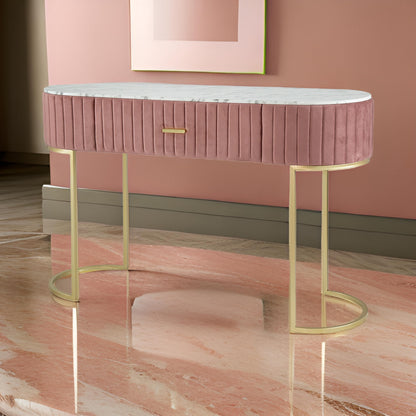 Jeah 47 Inch Console Table, 1 Drawer, Curved Gold Iron Base, Pink Fabric