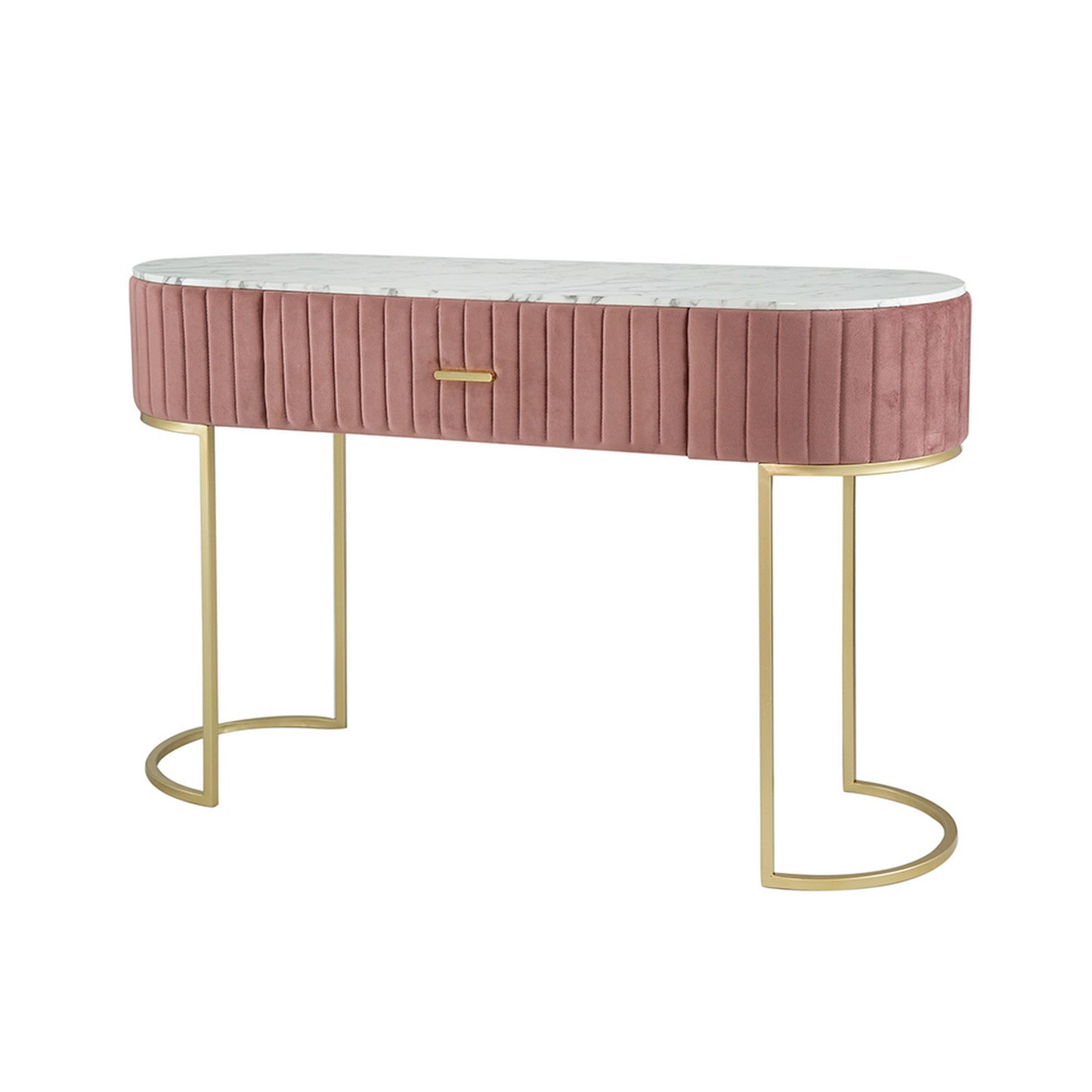 Jeah 47 Inch Console Table, 1 Drawer, Curved Gold Iron Base, Pink Fabric