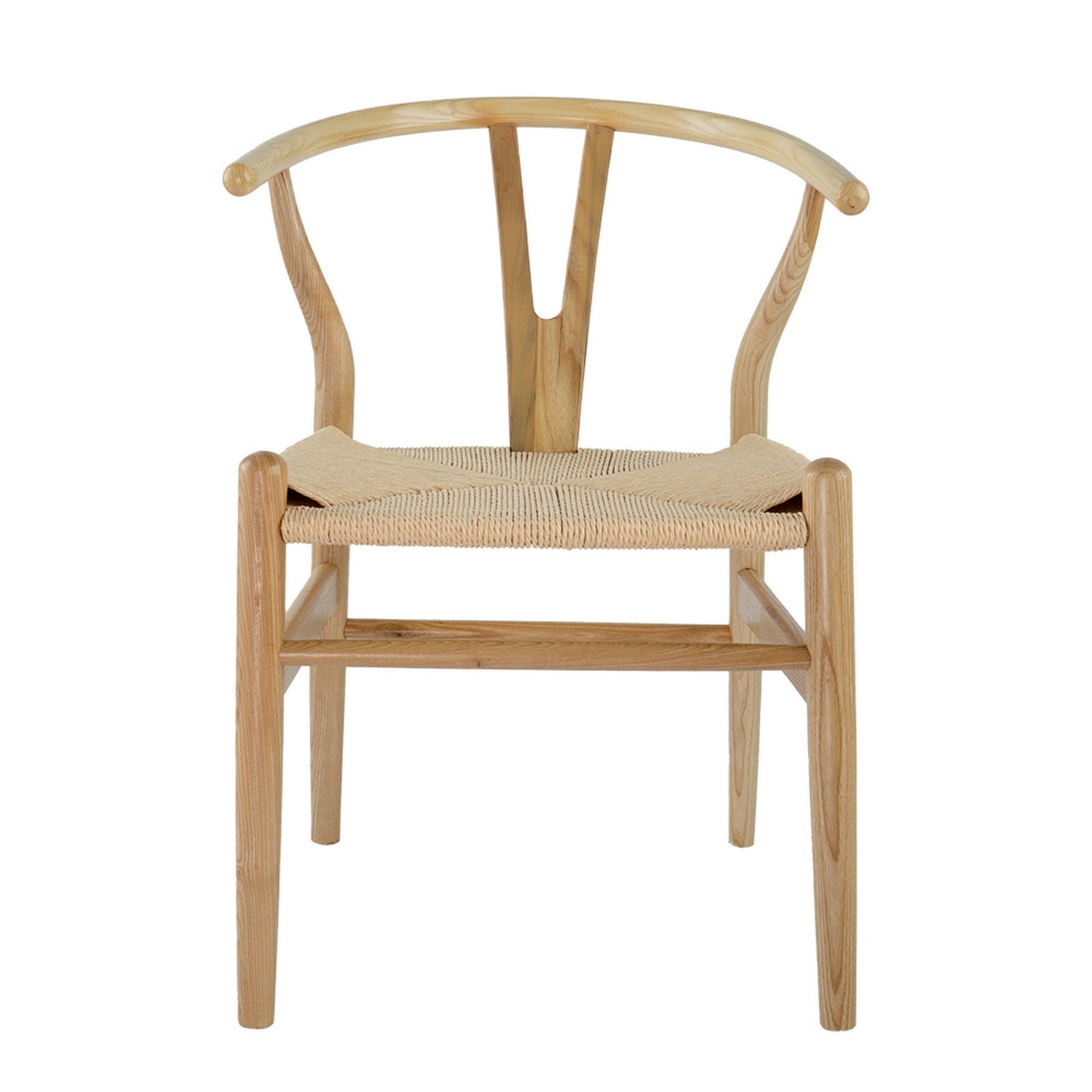 44 Inch Accent Chair, Set of 2, Wishbone Shape, Woven Seat, Ash Wood, Brown