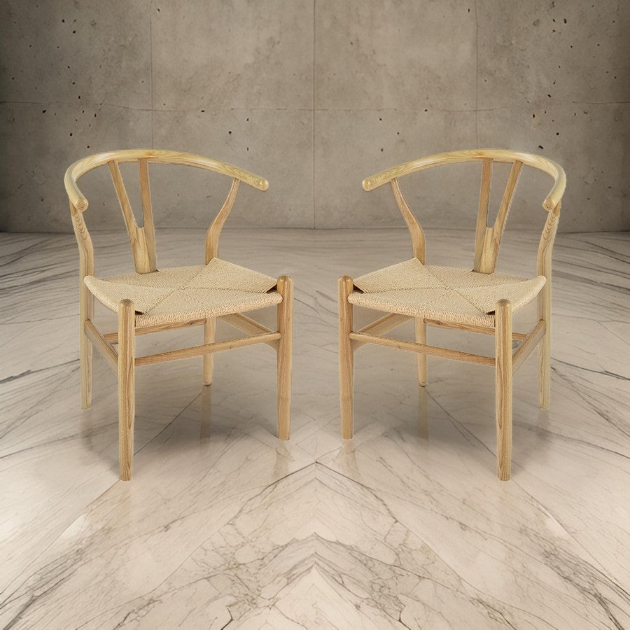 44 Inch Accent Chair, Set of 2, Wishbone Shape, Woven Seat, Ash Wood, Brown