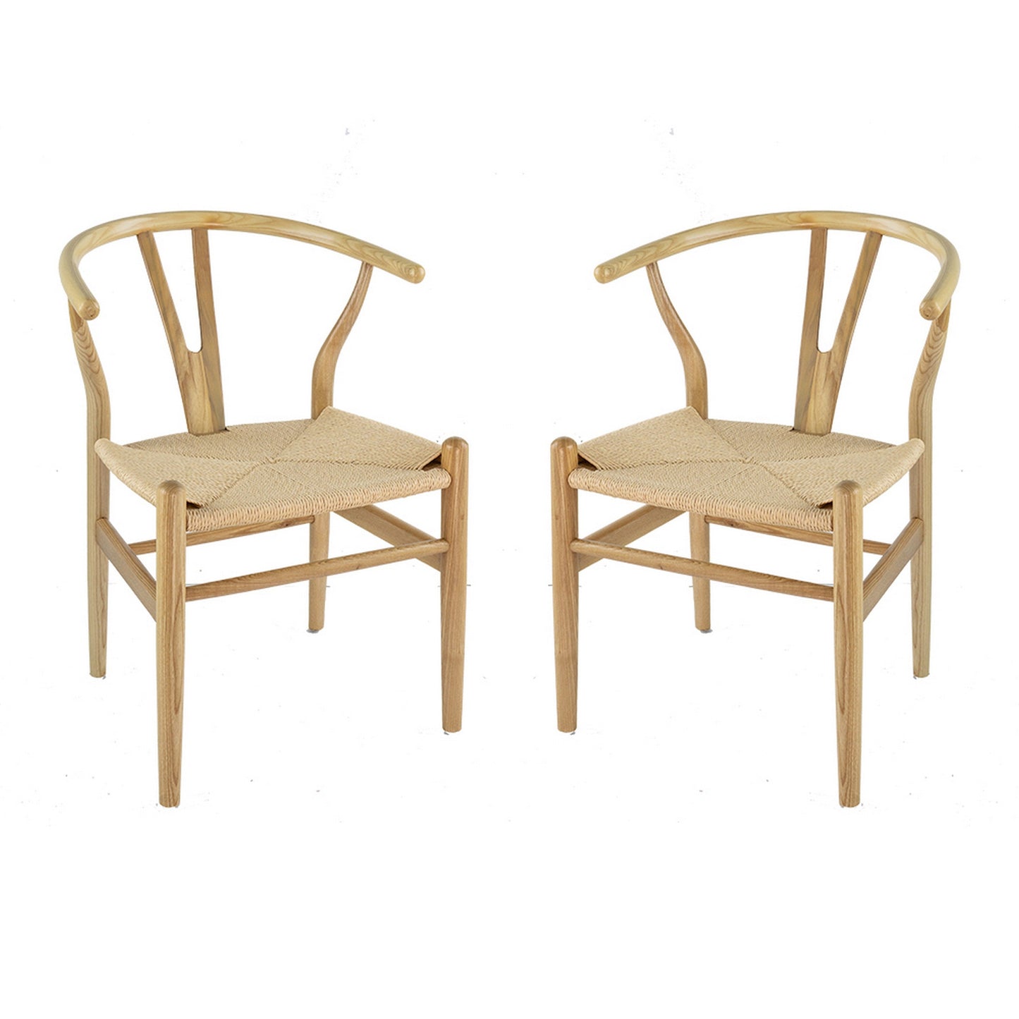 44 Inch Accent Chair, Set of 2, Wishbone Shape, Woven Seat, Ash Wood, Brown