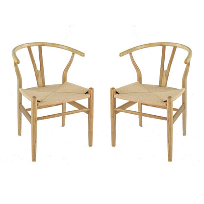44 Inch Accent Chair, Set of 2, Wishbone Shape, Woven Seat, Ash Wood, Brown