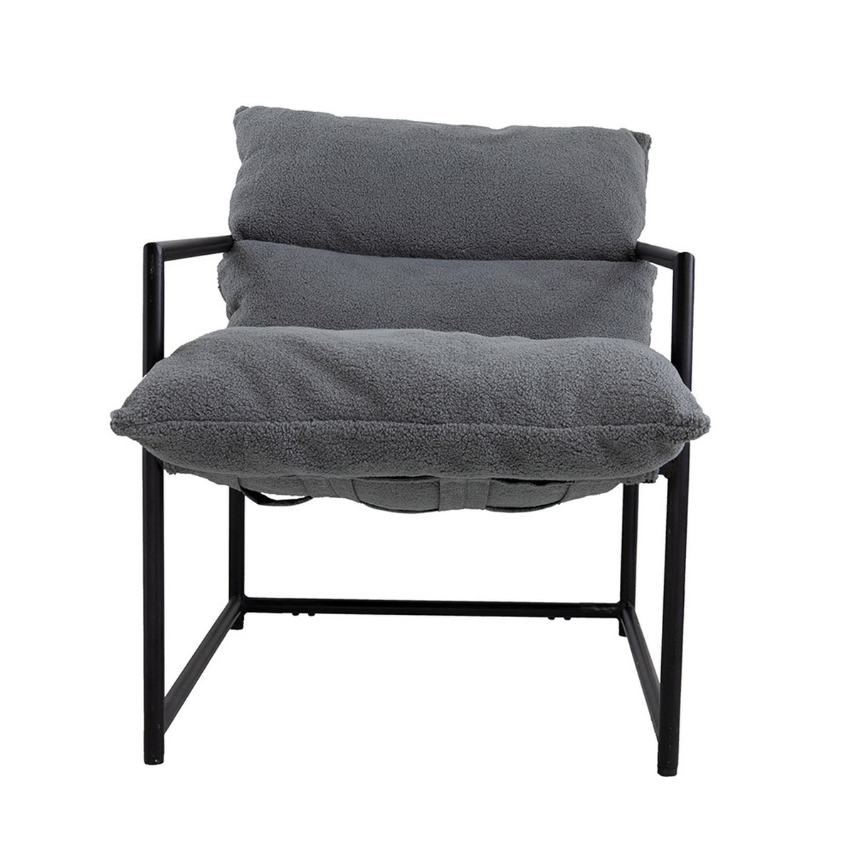 26 Inch Accent Chair with Cushion, Black Iron, Light Gray Faux Leather