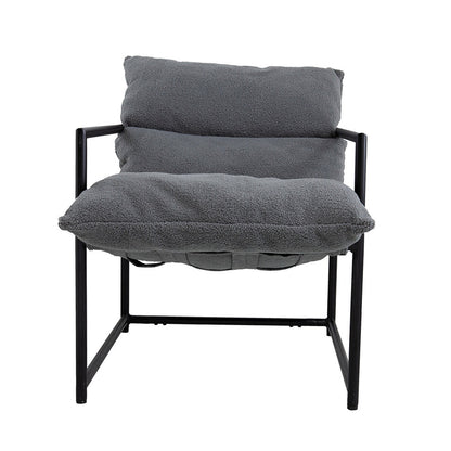 26 Inch Accent Chair with Cushion, Black Iron, Light Gray Faux Leather