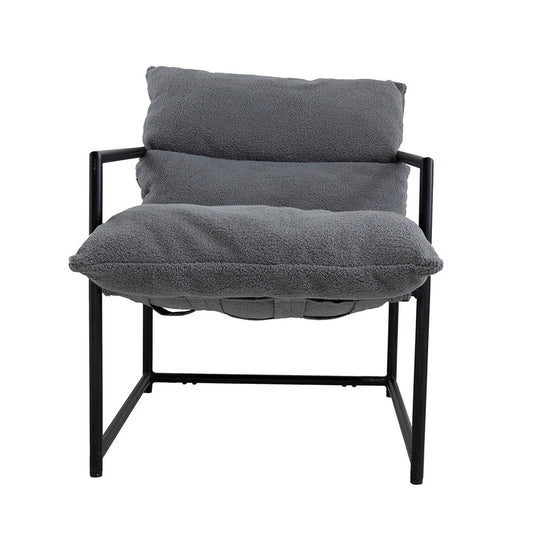 26 Inch Accent Chair with Cushion, Black Iron, Light Gray Faux Leather
