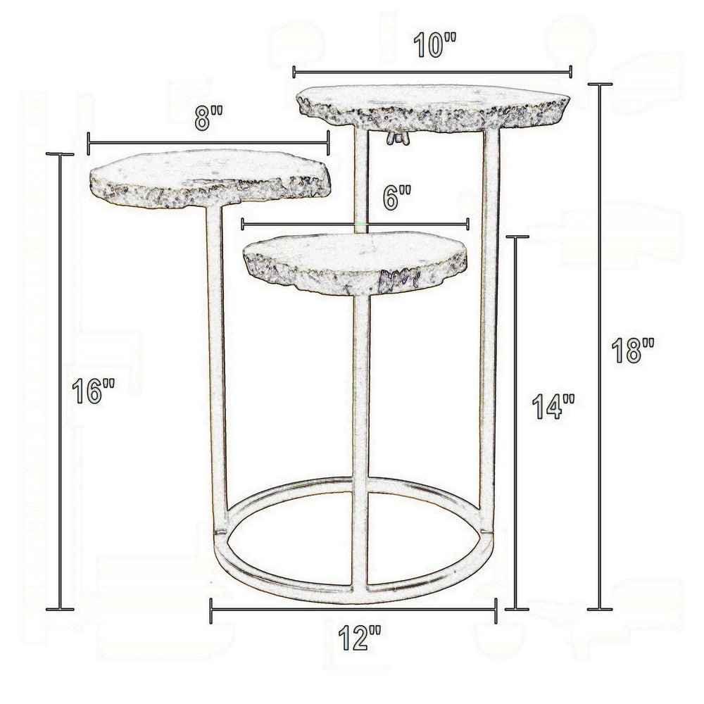 18 Inch Accent Side Table, 3 Tier Design, White Agate Top, Gold Iron Base