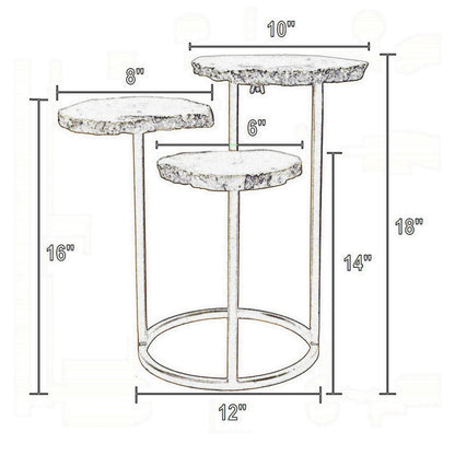 18 Inch Accent Side Table, 3 Tier Design, White Agate Top, Gold Iron Base