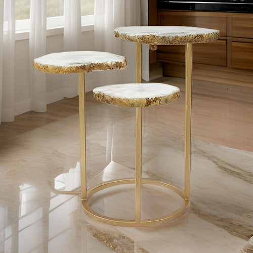 Fer Accent Table, 18 Inch Glass Top, Bottom Open Shelf, Gold Leaf Iron