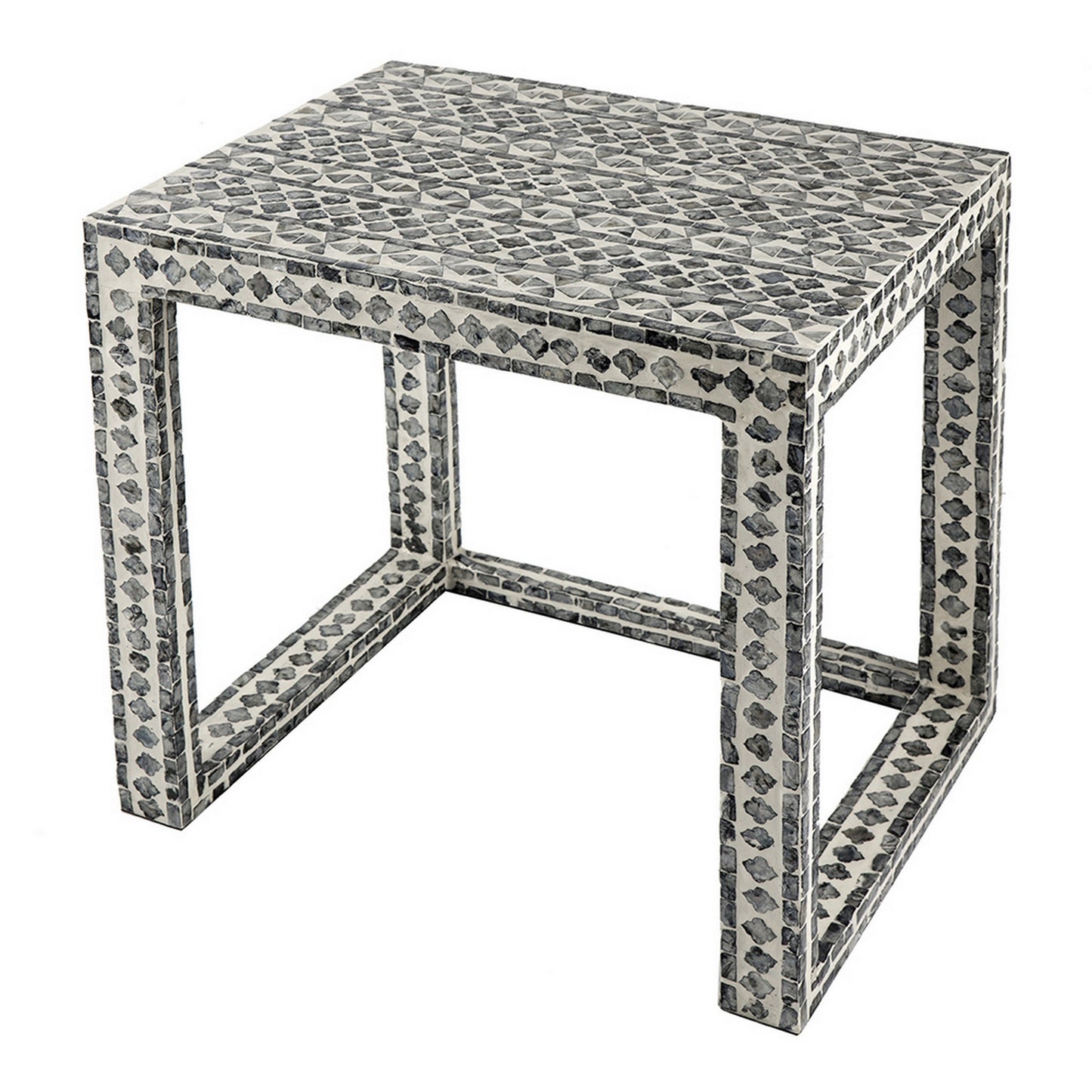 Set of 2 Nesting Side End Tables, Capiz Inlaid Design, Gray and White