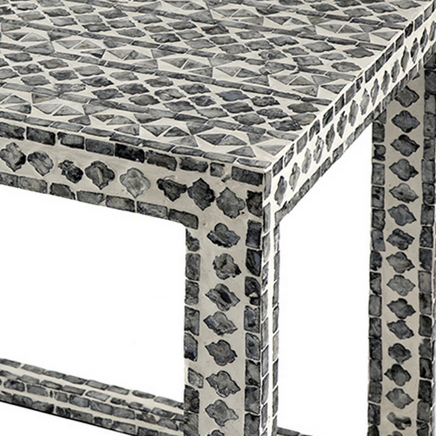 Set of 2 Nesting Side End Tables, Capiz Inlaid Design, Gray and White
