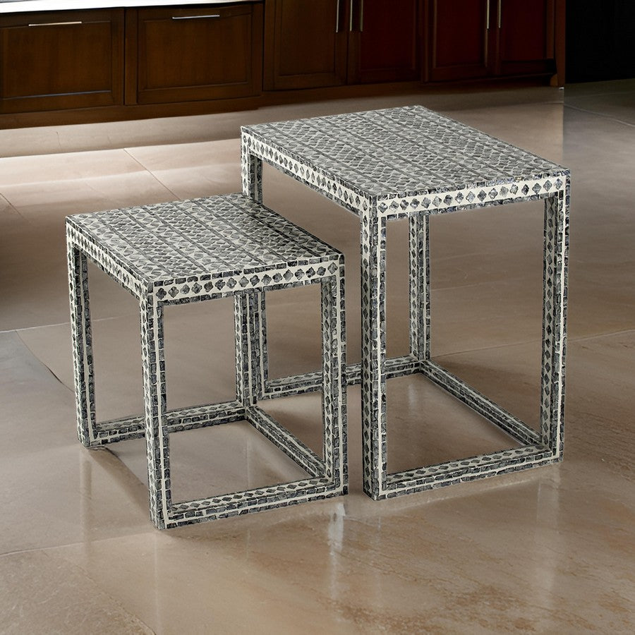 Set of 2 Nesting Side End Tables, Capiz Inlaid Design, Gray and White