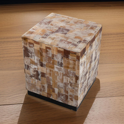 19 Inch Side End Table Stool, Square, Resin Patchwork Style Design, Brown