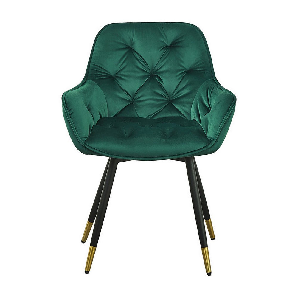 25 Inch Accent Dining Chair, Curved Back, Gold, Green Velvet Upholstery