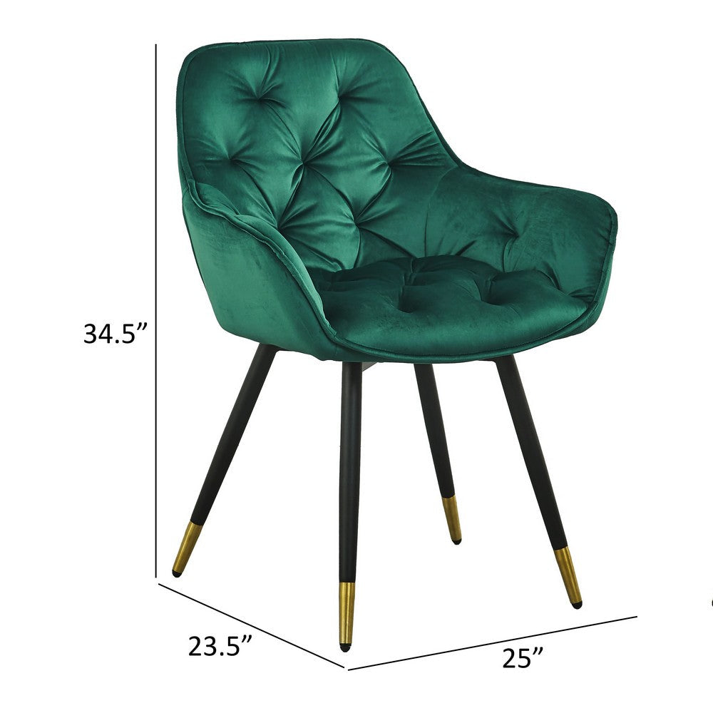 25 Inch Accent Dining Chair, Curved Back, Gold, Green Velvet Upholstery