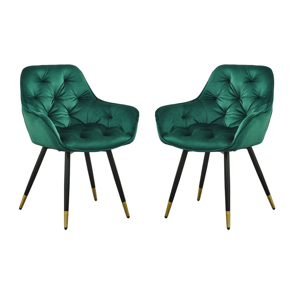 25 Inch Accent Dining Chair, Curved Back, Gold, Green Velvet Upholstery