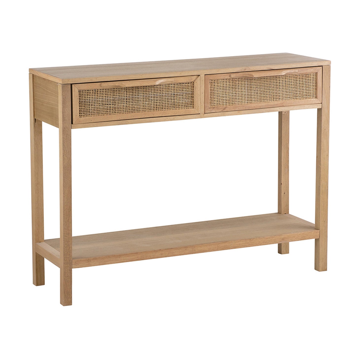 39 Inch Sofa Table, 2 Drawers, Rattan Cane Design, MDF, Pine Wood, Brown
