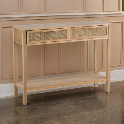 39 Inch Sofa Table, 2 Drawers, Rattan Cane Design, MDF, Pine Wood, Brown
