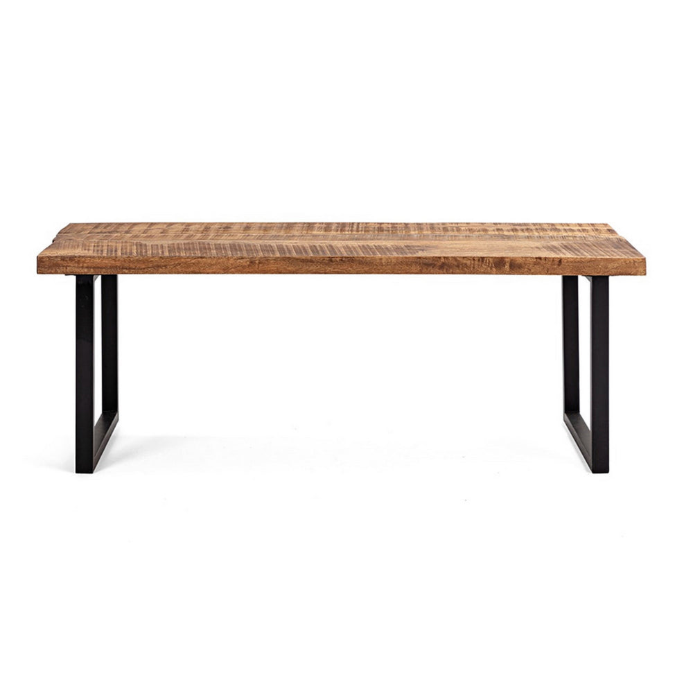 52 Inch Side Dining Bench, Black Iron Base, Mango Wood, Natural Brown