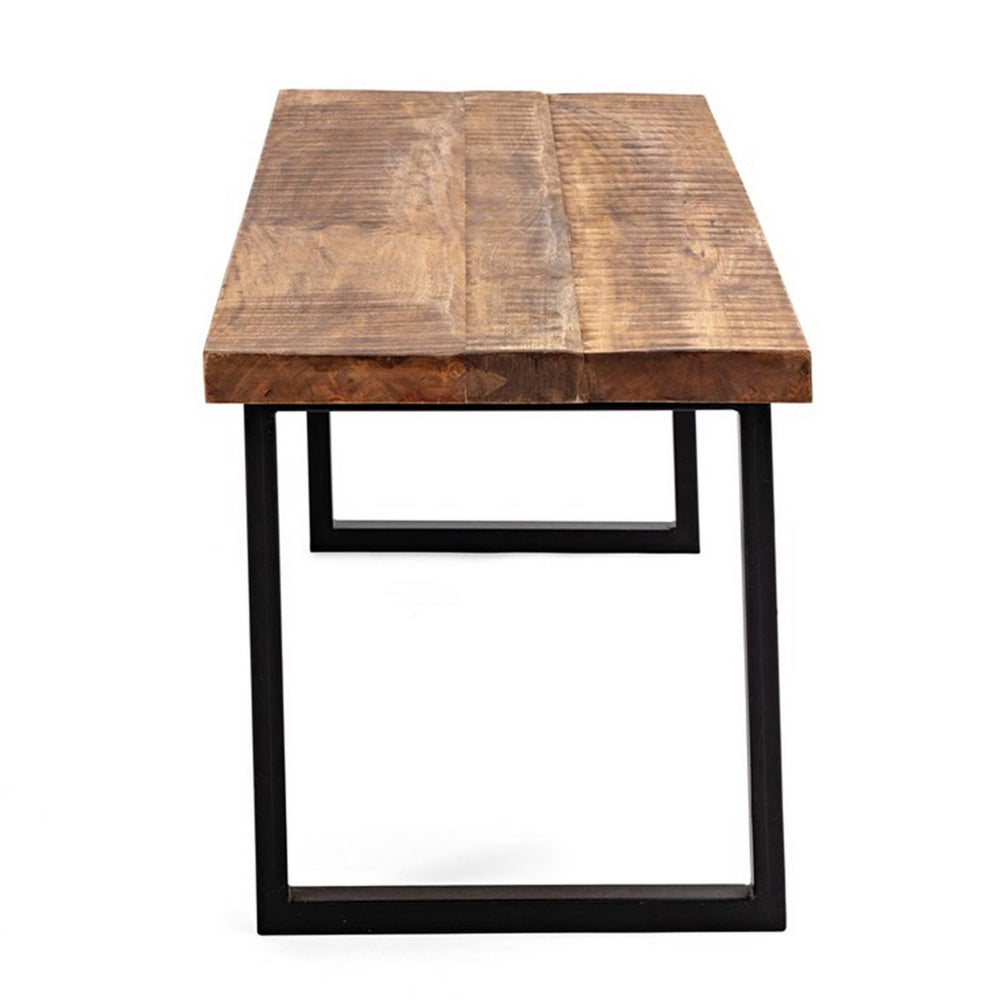 52 Inch Side Dining Bench, Black Iron Base, Mango Wood, Natural Brown