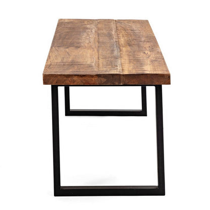 52 Inch Side Dining Bench, Black Iron Base, Mango Wood, Natural Brown