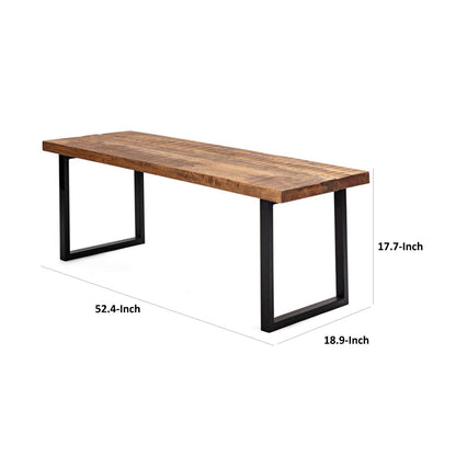52 Inch Side Dining Bench, Black Iron Base, Mango Wood, Natural Brown