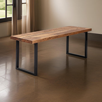 52 Inch Side Dining Bench, Black Iron Base, Mango Wood, Natural Brown