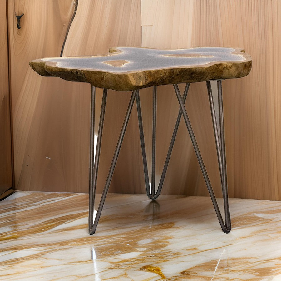 20 Inch Side Accent Table, Natural Edges, Hairpin Legs, Gray Resin, Brown