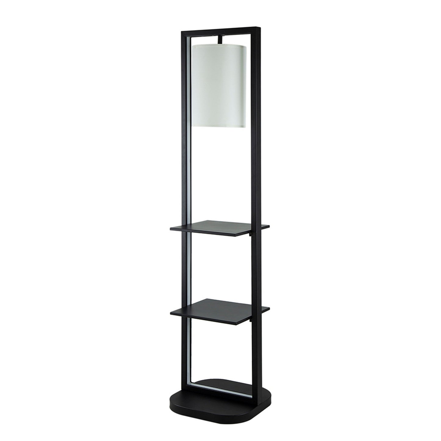 74 Inch Floor Lamp with 2 Shelves, Round Lampshade, Black Iron, White