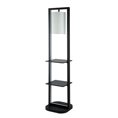 74 Inch Floor Lamp with 2 Shelves, Round Lampshade, Black Iron, White