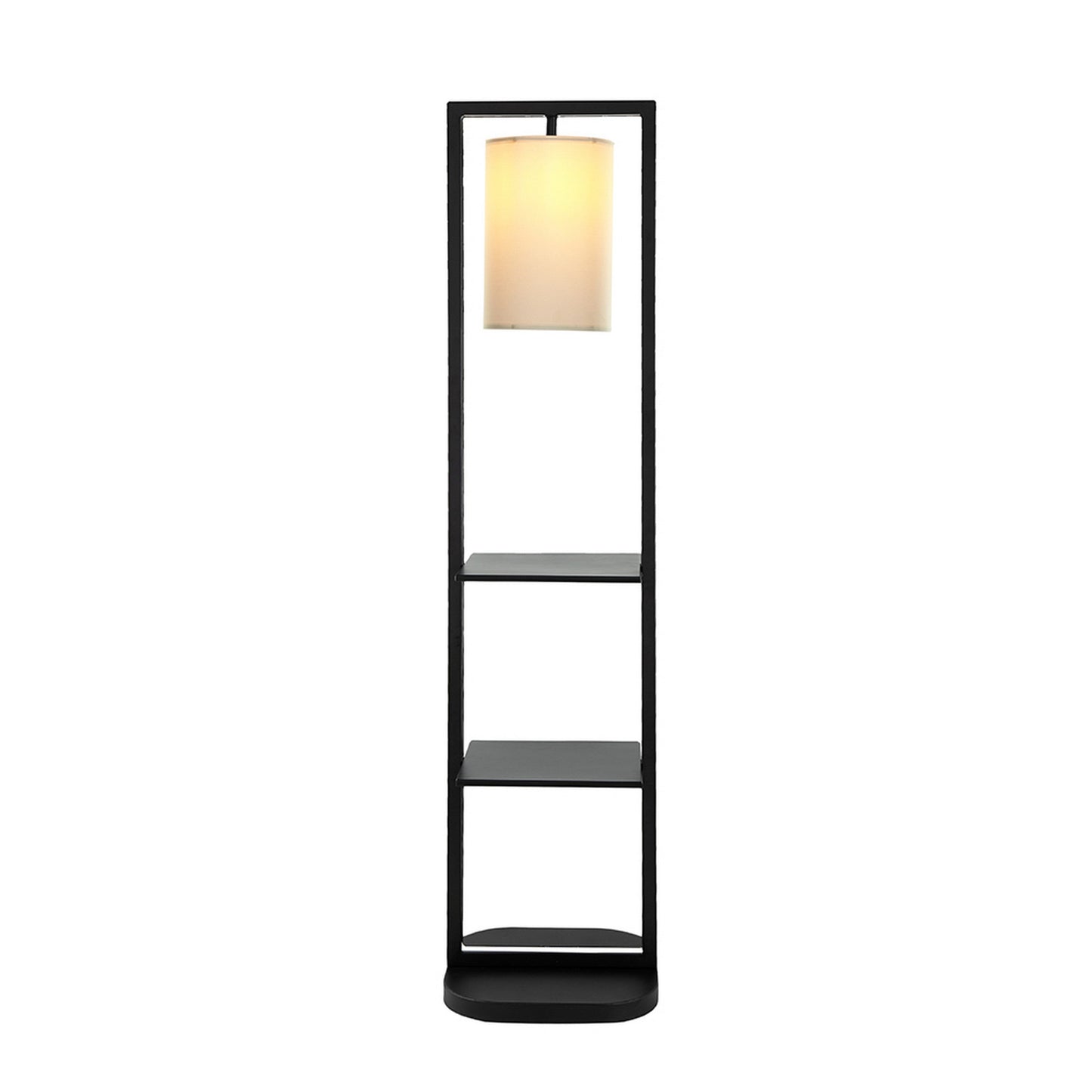 74 Inch Floor Lamp with 2 Shelves, Round Lampshade, Black Iron, White
